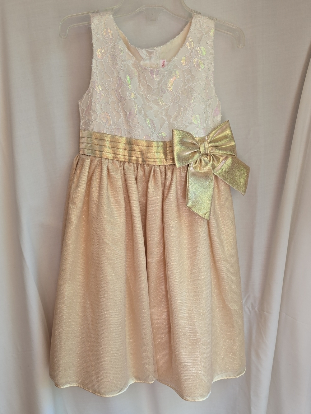 Girls' Shimmer Lace & Satin Dress with Bow - Cream & Gold